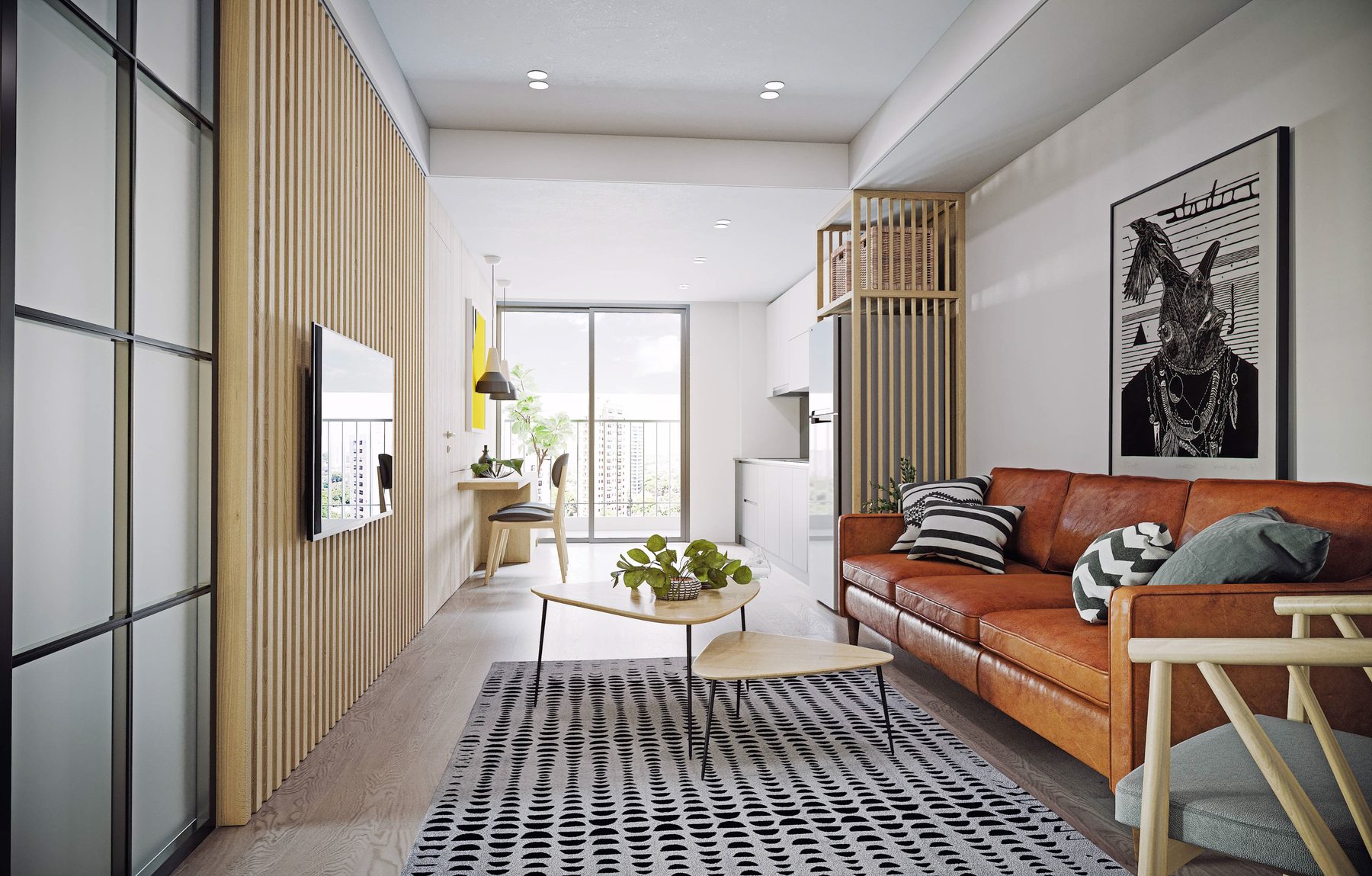 Furnished intern apartment living room with leather sofa, wood slat wall and city view