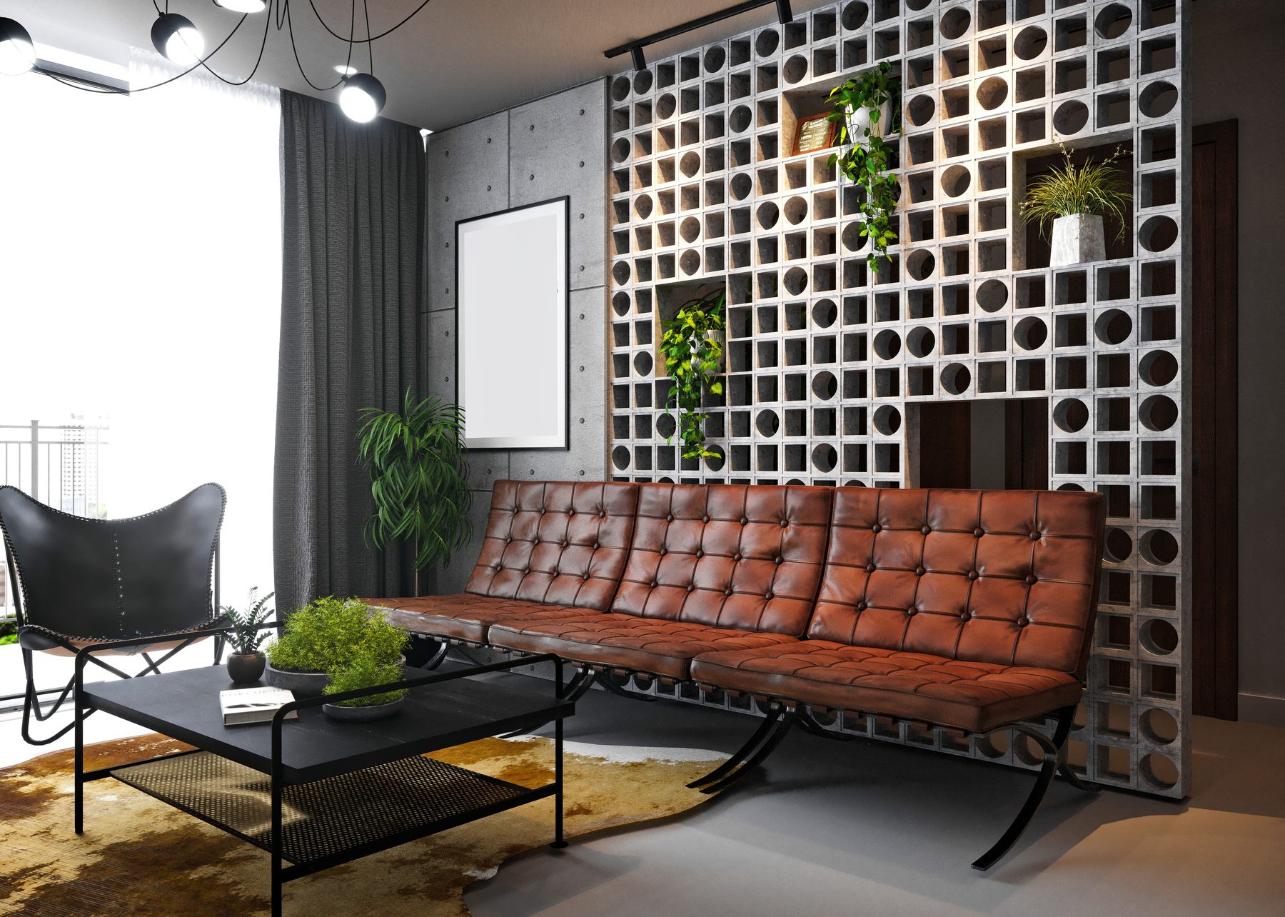 Furnished lounge with leather sofa, plants and patterned concrete block wall