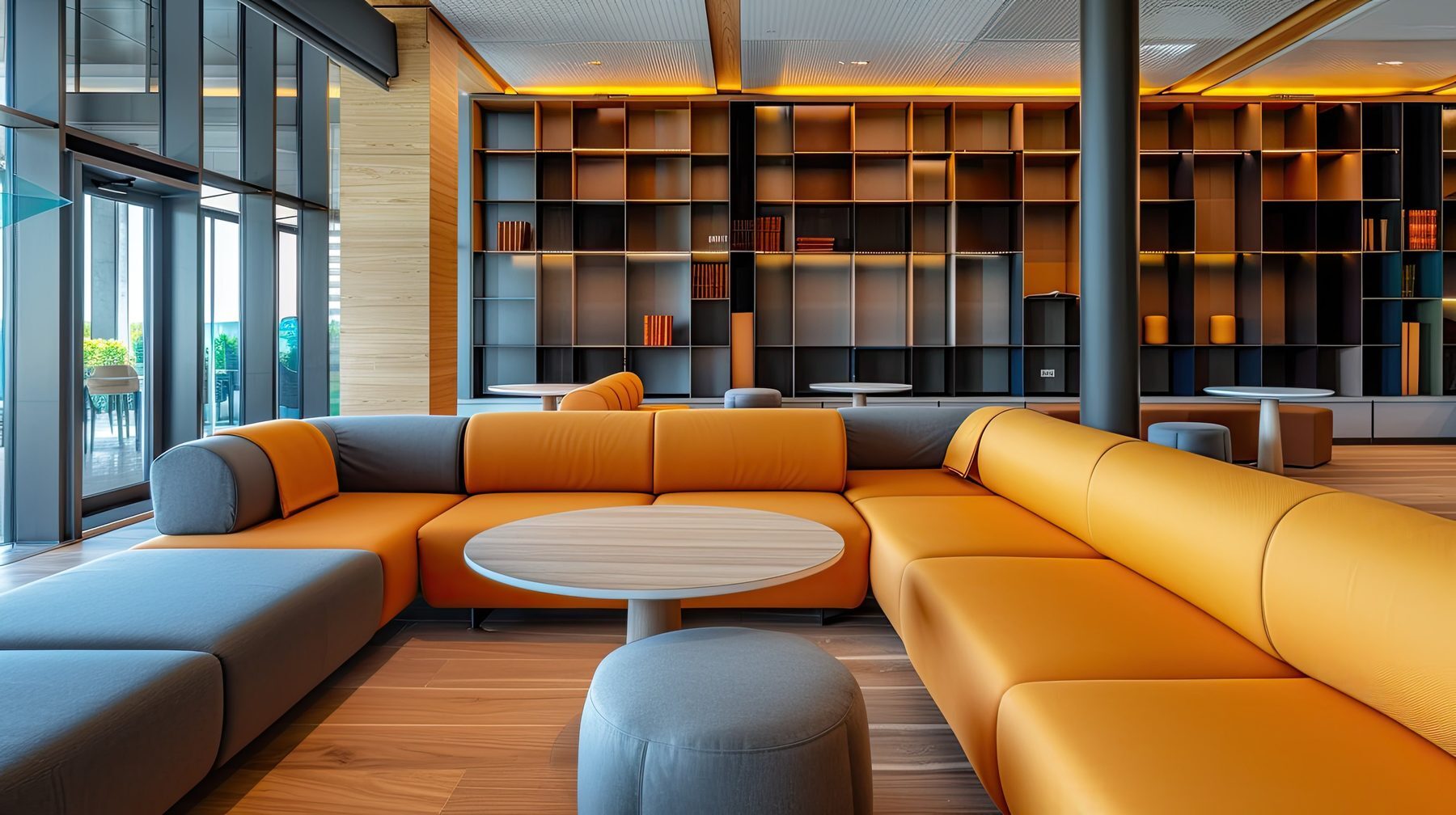 Modern lounge with yellow sectional sofa and built-in bookshelves